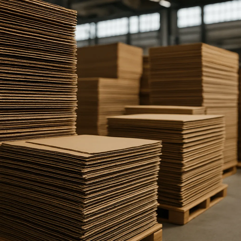 Pallets of corrugated sheets in a warehouse