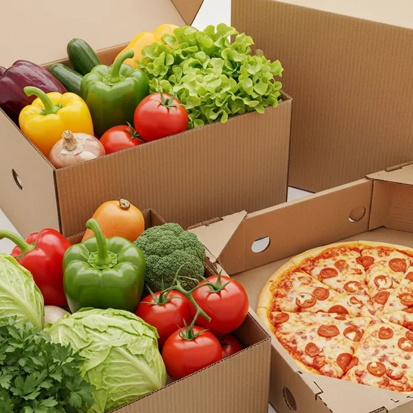 Corrugated food boxes with fresh vegetables and pizza